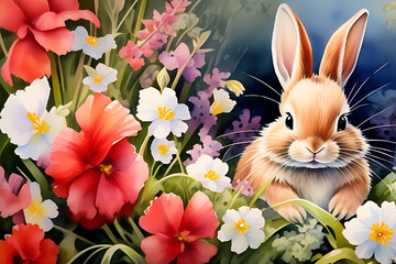 Bunny rabbit in the Easter basket with decorated eggs and flowers, generative AI.