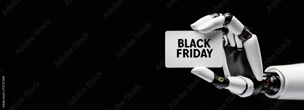Poster close-up of a humanoid robot hand holding a white business card with text black friday isolated on b