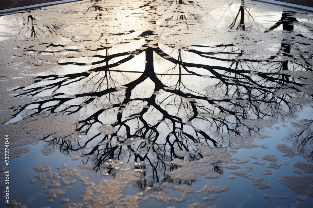 Poster a mirrored reflection of a tree in a puddle creates an abstract pattern
