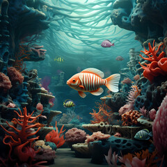 Fototapeta na wymiar Surreal underwater scene with exotic fish and corals