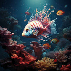 Fototapeta na wymiar Surreal underwater scene with exotic fish and corals