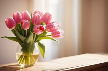 A beautiful bouquet of pink tulips, in a transparent vase, on a light background in an apartment, opposite the window. Gift, March 8. Women's Day. Romance, Love, Relationships. Flowers, tulips
