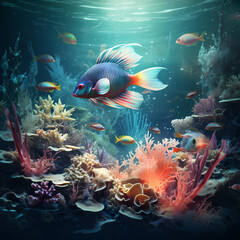 Obraz na płótnie Canvas Surreal underwater scene with exotic fish and corals