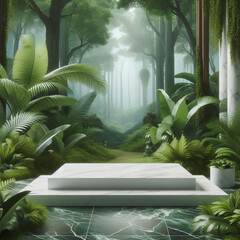 advertising podium stand with tropical jungle leaves background. Empty gray stone pedestal platform to display beauty product