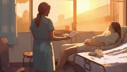 A nurse happily looks on as a patient recovers carefully monitoring their vital signs and providing compassionate care .