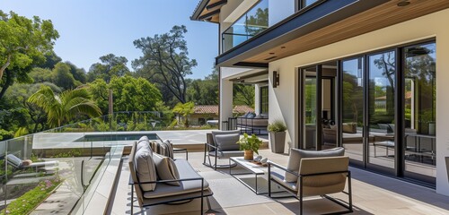 Enter the grandeur of a mansion's outdoor plaza, where an expansive patio adorned with luxurious...