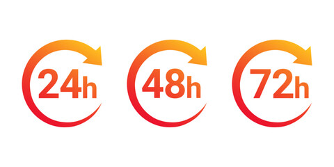 24, 48, and 72 hours clock arrow. Vector work time effect or delivery service time icons