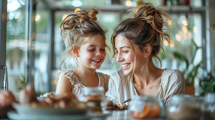 smilling mom and child enjoy love relation cudding hobby moment in kitchen sunday morning at hime mother and daughter helping prepare breakfast for her mom in modern white kitchen at home . - obrazy, fototapety, plakaty