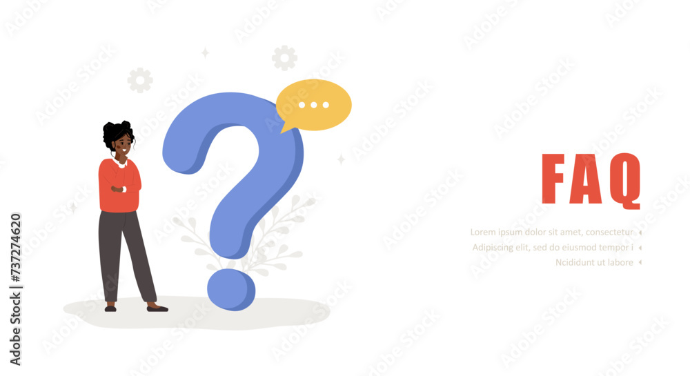 Poster frequently asked questions concept. african woman with large question mark search for answers. custo