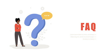 Frequently asked questions concept. African woman with large question mark search for answers. Customer support and online help service. FAQ and guides. Vector illustration in flat cartoon style.