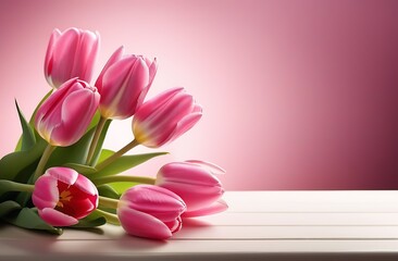 Beautiful bouquet of pink tulips on a pink background. Place for text. Gift, March 8. International Women's Day. Romance, Love, Relationships. Flowers, tulips