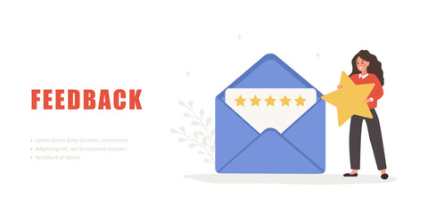 Customer feedback concept. Woman holding huge star. User giving five stars rating. Envelope with client review. Positive response. Vector illustration in flat cartoon style.