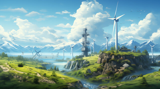 symbols of environmental conservation and sustainability. depicting renewable energy sources like wind turbines or solar panels blending seamlessly with the surreal landscape.