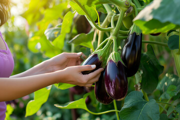 Close-up of a young woman's hand harvesting eggplants in the garden