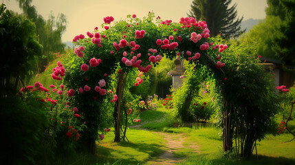Beautiful rose garden with arch and gazebo in summer
