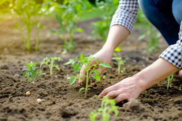 Close-up of woman's hands planting tomato seedlings in the garden