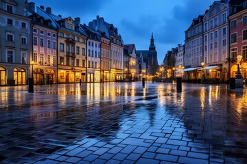 Obraz premium A city square bathed in the soft hues of blue hour