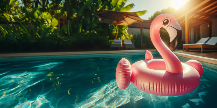 Generated image inflatable swimming ring in the shape of a pink flamingo, floating in a pool, summer sunlight, 
