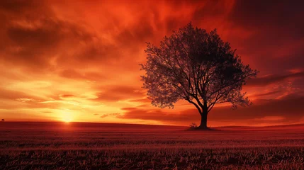 Rolgordijnen Lonely tree on the field at sunset © kazakova0684