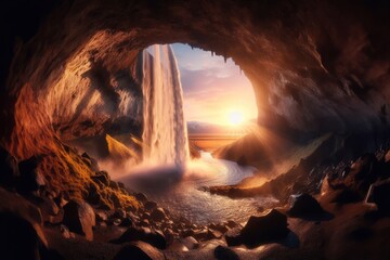 Generated image a view of a waterfall from inside a cave, solar eclipse in iceland, sunset light, very beautiful photo, wide shot photo, vacation photo
