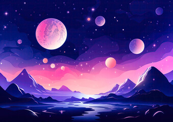 Night landscape with mountains, lake and the moon. Vector illustration.