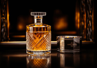 Cognac or brandy in a glass decanter on a black background