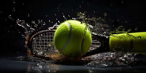 Tennis racket and ball on dark background 