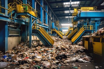Industrial interior of a waste recycling plant. Recycling, sorting and processing of waste in a factory. Recycling concept - obrazy, fototapety, plakaty