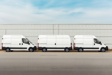 Row of parked white commercial delivery vans transport. A transportation company, delivering goods in the city. 
Space for text