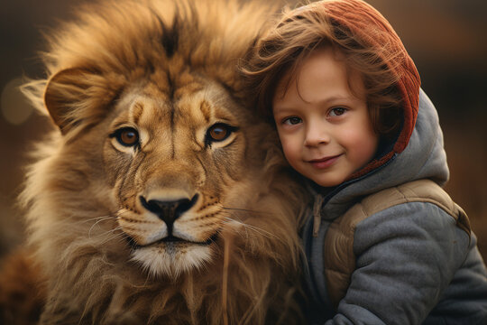Friendship between people and wild animal kid hugging lion made with generative AI - Powered by Adobe