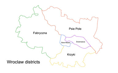 Map of the districts of Wroclaw. Vector map of Wroclaw and its districts. Highly detailed vector outline, black silhouette. All isolated on white background