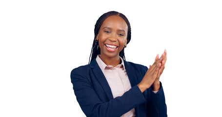 African, business woman or clapping hands in portrait for celebrating success or applause at work....