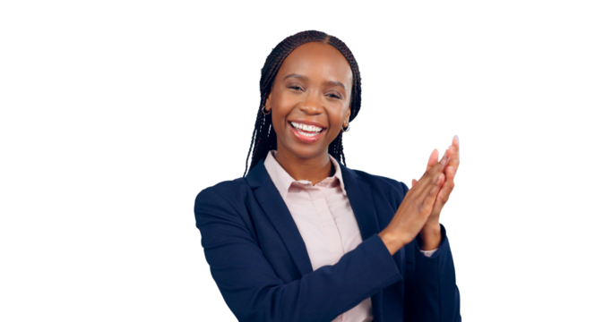African, business woman or clapping hands in portrait for celebrating success or applause at work. Black person, bookkeeper and happy face for promotion and isolated on a transparent png background - Powered by Adobe