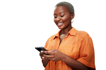 Woman, cellphone and texting for social media communication or search, meme or laugh. Black person, smartphone and isolated transparent png background or online notification, network or conversation