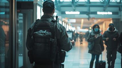 Security man holding metal weapon detector scanner for checking male passenger who going through procedure of physical inspection at entrance airplane gate.- Generative AI. - obrazy, fototapety, plakaty