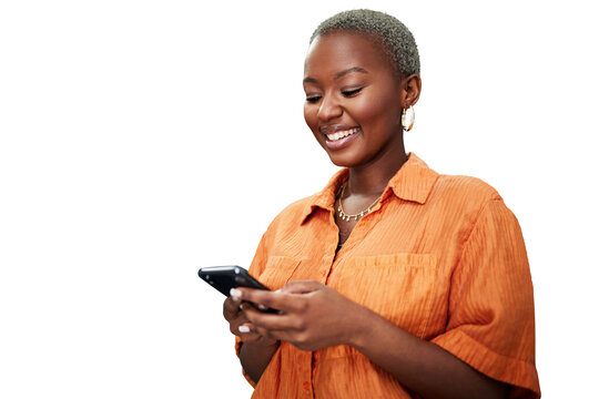 Woman, cellphone and texting for social media communication or search, meme or laugh. Black person, smartphone and isolated transparent png background or online notification, network or conversation