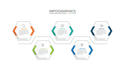 Business infographic design with 5 options. Vector thin line label with hexagons template. - obrazy, fototapety, plakaty
