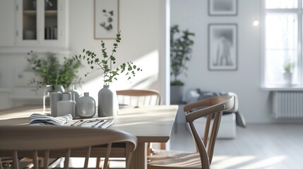 A Scandinavian-style dining area featuring minimalist design, natural materials, and cozy textiles.