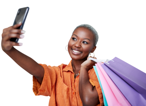 Selfie, happy and influencer with shopping bags for retail, promotion or discount. Smile, fashion and black woman with smartphone for social media post on isolated, transparent and png background