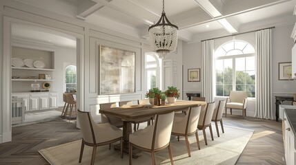 A transitional dining space seamlessly blends traditional and contemporary elements for timeless appeal.