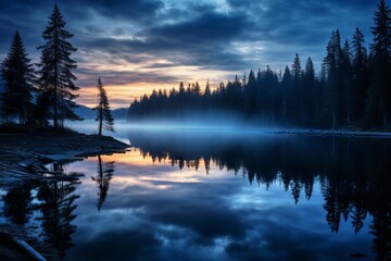 Fototapeta na wymiar A tranquil lake with soft blue hour reflections