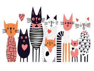 image row colorful cartoon cats decorative patterns vector illustration