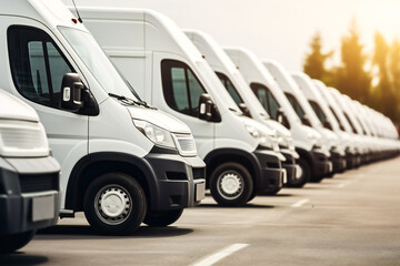 A transportation company, delivering goods. Row of parked white commercial delivery vans transport