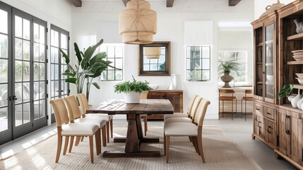 Earthy tones and organic textures define a tranquil dining room with a nature-inspired aesthetic.