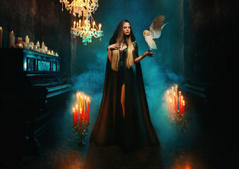 Art Photo real fantasy gothic woman holding white barn owl birds flies flap wings Fantasy lady Elf...