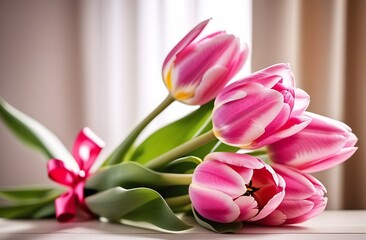 A beautiful bouquet of pink tulips, on a light background in an apartment, opposite the window. Gift, March 8. International Women's Day. Romance, Love, Relationships. Flowers, tulips.