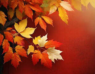 Naklejka na ściany i meble autumn leaves on red background