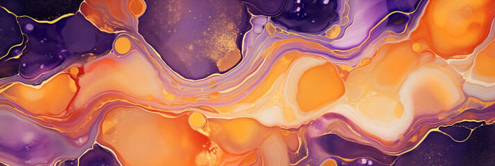 Vibrant and abstract background featuring fluid art. Trendy neon gradient in orange with a marble effect in purple, orange and blue.