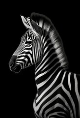 Fototapeta na wymiar A monochrome photo of a zebra with a black background