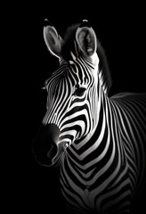 A monochrome photo of a zebra with a black background